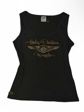 Vintage Y2K Harley Davidson 110th Anniversary Gold Rhinestone Logo Tank Top